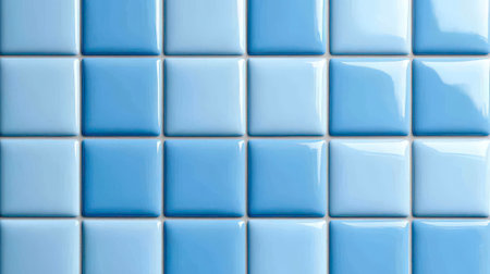 This close-up photograph showcases a grid of square tiles in alternating shades of light and medium blue, all featuring a smooth, glossy finish that reflects light. The tiles are evenly spaced with thin, light-colored grout lines, creating a clean and uniform pattern. The overall effect is bright, fresh, and evokes a sense of cleanliness and order.の素材