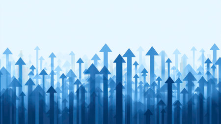 The illustration features a multitude of blue arrows, varying in size and shade, all pointing upwards. The arrows are densely packed at the bottom and gradually become more sparse towards the top, creating a sense of depth and collective upward movement. The color palette ranges from deep navy blue to lighter sky blue, set against a clean white background. This image evokes concepts of growth, progress, and forward momentum.の素材