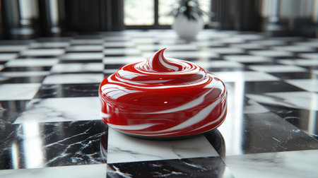 The image features a piece of hard candy, predominantly red with swirling white stripes, its surface highly reflective and glossy. It rests on a black and white checkered marble floor, with the contrasting patterns creating a visually dynamic setting. The candy has a rounded base and tapers to a pointed swirl at the top, suggesting a sweet and decorative object.の素材