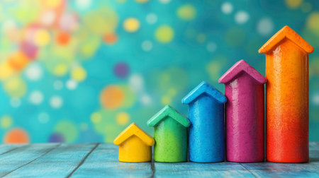 The image displays five house-shaped blocks stacked vertically to represent a bar graph, increasing in height from left to right. Each stack is a different vibrant color: yellow, green, blue, purple, and orange. The blocks are positioned on a textured light blue wooden surface. The background is a blurred bokeh effect with various soft, out-of-focus circles in shades of yellow, pink, and blue. The overall composition suggests growth in the housing market or real estate.の素材