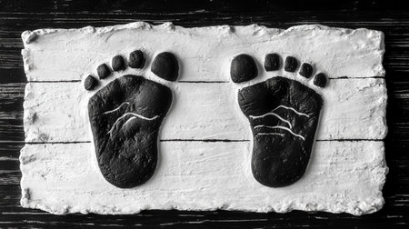 The photograph captures two distinct footprints, likely human, pressed into a soft, light-colored material, possibly clay or plaster. The footprints show the detailed impressions of the heels, arches, balls of the feet, and toes. Delicate white lines are visible within the footprints, possibly cracks or natural variations in the material. The footprints are centered on a rectangular block of the light material, which rests on a dark, textured wooden surface with visible grain. The monochromatic palette emphasizes the texture and form of the impressions.の素材