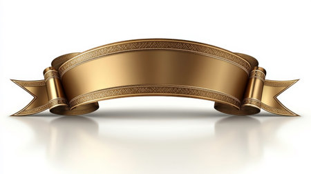 The image features a horizontal banner rendered in a rich gold color with elaborate decorative patterns along its edges. The banner has a central, smooth area for text and gracefully scrolls at both ends, creating a classic and prestigious design. It casts a subtle reflection on the white surface below, emphasizing its three-dimensional form.の素材