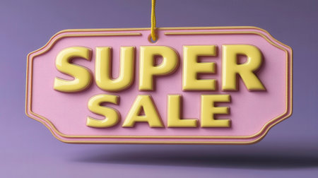 The image features a pink tag with a yellow border, displaying the words "SUPER" and "SALE" stacked vertically in large, three-dimensional yellow letters. The tag hangs from a yellow string against a muted purple background, creating a clear and attention-grabbing message for a significant sale event. The glossy finish of the letters and tag adds a modern, appealing touch.の素材