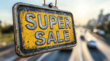 The image features a rectangular, aged yellow sign with the words "SUPER" and "SALE" stacked vertically in a textured dark gray font. The sign hangs from two thin ropes and appears to be suspended over a blurred urban street scene with moving cars and a soft sky in the background, suggesting a promotional message in a city environment. The distressed look of the sign adds a sense of urban grit.の素材