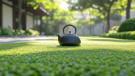 The image presents a sleek, matte black teapot with a rounded form and a simple curved handle, positioned in the center of a lush green surface resembling moss or dense ground cover. The background is softly blurred, hinting at an outdoor setting with trees and dappled sunlight filtering through. The composition is clean, minimalist, and evokes a sense of tranquility and connection with nature.の素材