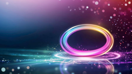 A vibrant ring of light, shifting through hues of yellow, pink, and blue, hovers above a reflective plane, emitting swirling trails of light. Sparkling particles and bokeh effects dance around the ring and its reflection, creating a sense of energy and movement. The background features a gradient of deep blues and purples, enhancing the magical atmosphere.の素材