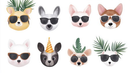 This charming illustration features eight distinct animal faces, each sporting stylish sunglasses and adorned with tropical green leaves. The collection includes a bear, rabbit, cat, dog, raccoon with a party hat, and other cute creatures, all set against a clean white backdrop. The artwork conveys a fun, summery, and slightly whimsical vibe.の素材