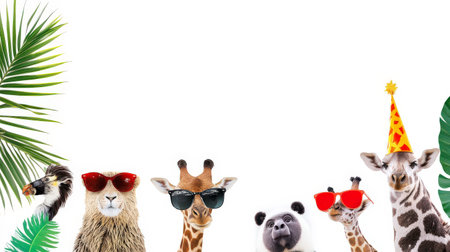 A fun gathering of animals, including a toucan, llama, two giraffes, and a panda, are pictured wearing stylish sunglasses and at least one festive party hat. Lush green tropical foliage frames the scene against a bright white background, suggesting a lively celebration in a warm climate. The image radiates a playful and summery atmosphere.の素材