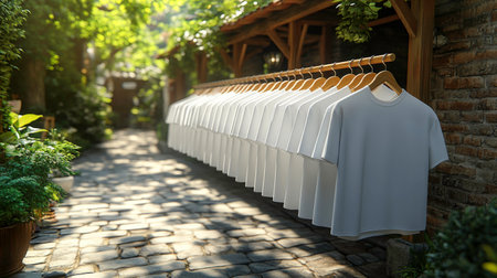 The image displays a line of identical white short-sleeved t-shirts hanging neatly on wooden hangers from a horizontal wooden rod, likely part of a temporary outdoor display or market stall. At the end of the row, a single light blue t-shirt provides a subtle contrast. The setting appears to be outdoors on a sunny day, with dappled sunlight filtering through lush green foliage in the background and casting shadows on the stone-paved ground.の素材