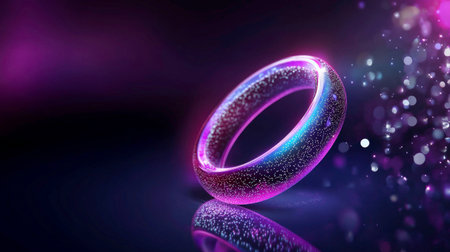 The image showcases a translucent ring that emits a vibrant internal glow, shifting between shades of pink and blue. Tiny sparkling particles appear to emanate from within and around the ring, creating a magical and ethereal effect. The ring rests on a dark, reflective surface against a blurred purple and blue background, enhancing its luminescence.の素材