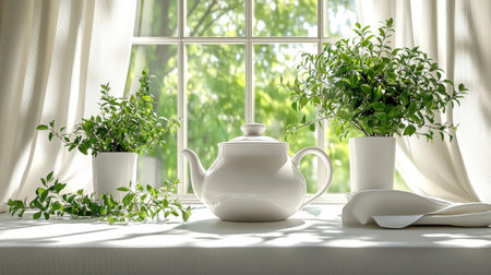 The image presents a serene and well-lit scene featuring a white ceramic teapot as the central element, flanked by two white vases filled with vibrant green leafy branches. A soft white cloth drapes across the surface beneath them, likely a tablecloth. Behind the arrangement, a window with white curtains reveals a blurred view of lush green trees and bright daylight, suggesting a peaceful morning setting.の素材