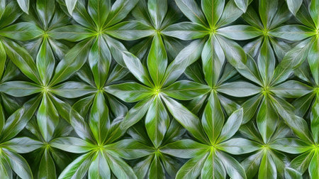 The image displays a repeating pattern of lush green leaves, each group radiating outwards from a central point, creating a symmetrical and visually engaging design. The varying shades of green and the overlapping arrangement of the foliage add depth and texture to the overall composition. This creates a strong sense of natural order and vibrancy.の素材