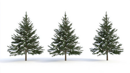 The image features a trio of classic evergreen trees, likely spruces or firs, each covered with patches of fresh white snow on their branches. They are evenly spaced and positioned against a seamless white backdrop, creating a clean and isolated presentation. The scene evokes a feeling of winter and natural simplicity.の素材