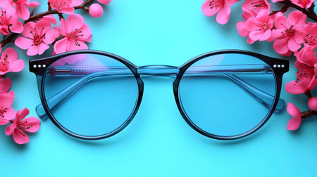 A pair of round-framed glasses with blue-tinted lenses rests on a vibrant teal surface, designed to filter blue light. Delicate branches of pink cherry blossoms frame the top and sides of the eyewear. The scene combines technology with natural beauty in a flat lay composition.の素材