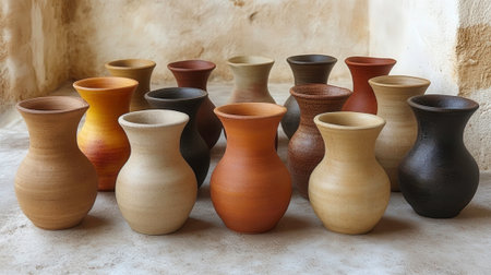 The image displays a group of fifteen miniature vases, each uniquely shaped and colored in a range of natural, earthy hues. The vases appear to be handcrafted from clay, showcasing variations in texture and tone, including shades of beige, brown, terracotta, and dark gray. They are arranged closely together on a textured surface, possibly stone or concrete, against a blurred backdrop of a light brown, roughly textured wall. The scene emphasizes the rustic charm and artisanal quality of the pottery.の素材