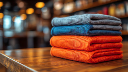The image shows a neat stack of four rectangular cloths made from a textured knit fabric. The top cloth is gray, followed by blue, and then two orange cloths at the bottom. They are folded and stacked on a glossy wooden surface, possibly a countertop or table. The background is softly blurred with warm, out-of-focus lights, suggesting an indoor setting, perhaps a kitchen or shop.の素材