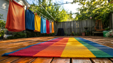The image captures a sunny outdoor scene with a row of brightly colored towels â orange, blue, yellow, red, light blue, gray, and white â hanging from a clothesline secured above a wooden deck. A large rainbow-stripped rug lies on the deck, featuring bold bands of red, orange, yellow, green, blue, and purple. The background shows a blurred view of a house and lush greenery under a clear sky, suggesting a warm day for drying laundry.の素材