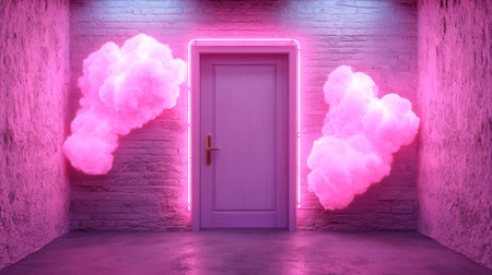 The image presents a surreal and dreamlike scene with a pale pink door centered against a textured, light pink brick wall. The doorway is outlined with soft pink neon lights, and two large, fluffy pink clouds appear to be emerging from either side of the door, creating a whimsical and ethereal atmosphere. The floor reflects the pink and purple lighting, enhancing the otherworldly ambiance.の素材