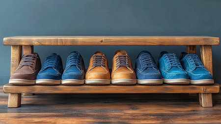 The image displays a wooden shoe rack with two shelves. The top shelf holds a collection of men's casual shoes, including brown suede sneakers on the left, followed by three pairs of blue suede sneakers in slightly varying shades, and then two pairs of tan leather sneakers. All the shoes are laced and neatly arranged. The shoe rack rests on a wooden floor against a solid teal or dark blue wall.の素材