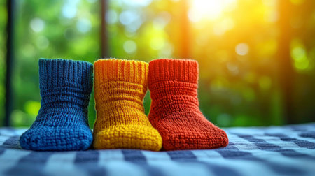 A close-up features three small, cozy knitted baby boots in bold primary colors: a deep blue, a sunny yellow, and a bright red, arranged side by side. The textured knit of the boots is clearly visible, and they rest on a light blue and white checkered fabric. A blurred background with warm sunlight suggests a bright and cheerful setting, possibly outdoors.の素材