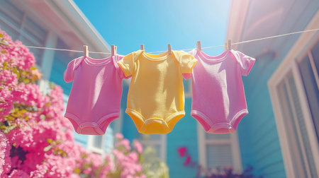 The image shows three short-sleeved baby bodysuits, two pink and one yellow, hanging from a white clothesline with wooden clothespins. They are drying outdoors on a sunny day, with a clear blue sky visible above. A blurred background features a light blue building and vibrant pink flowering bushes, suggesting a warm and cheerful setting for baby clothes.の素材