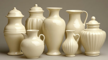 The image showcases a grouping of eight vintage-looking ceramic pieces in an off-white or cream color. The collection includes vases of different heights and shapes, some with slender necks, others with wider bodies, and a few with handles, suggesting they might be pitchers. Two of the pieces have lids with small finials. The smooth, slightly glossy finish and the variety of forms give a sense of classic elegance and historical charm to the ensemble, set against a neutral light brown background.の素材