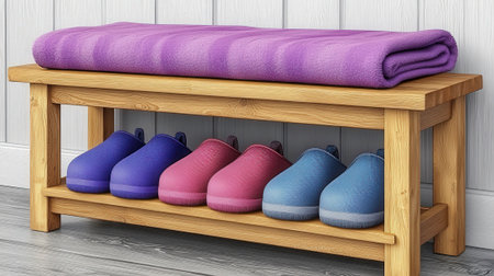 The image shows a simple, light-toned wooden bench with two shelves. On the top shelf rests a neatly folded, striped purple towel. The bottom shelf holds a row of six soft slippers in varying shades of blue and pink, arranged neatly side-by-side. The setting appears to be a home interior, possibly a bathroom or entryway, with a gray wood-paneled wall and light gray flooring.の素材