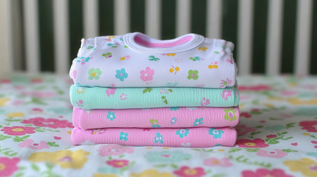 A pile of four neatly folded baby garments is centered on a light-colored sheet adorned with a pattern of pink, yellow, and green flowers. The top item is white with small, scattered floral designs in pink, green, and blue. Below are a light green and two pink garments, all appearing soft and ready for a baby. The background shows the slats of a baby crib.の素材