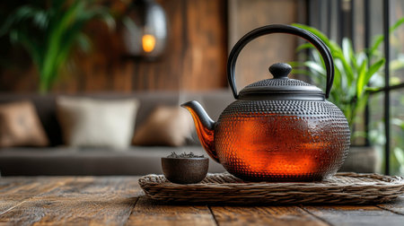 The image showcases a cast iron teapot, likely a Tetsubin, with a warm glow emanating from within, placed on a rustic woven tray alongside a small cup filled with loose leaf tea. The setting features a wooden table with visible grain and a blurred background suggesting a cozy interior with soft lighting, a sofa with pillows, and a glimpse of greenery through a window. The overall aesthetic evokes a sense of calm, tradition, and understated elegance.の素材