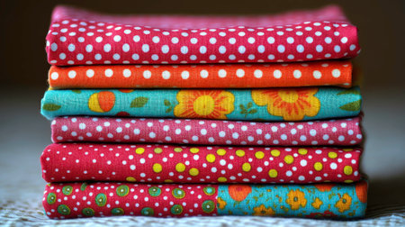 A pile of seven folded fabric pieces is neatly stacked, showing a variety of vibrant patterns including white polka dots on pink and orange, and cheerful floral motifs in yellow and orange on a turquoise background. Another fabric features small yellow and white dots on a red base, and the bottom piece combines red with white and green circular designs. The fabrics appear soft and suggest craft or textile use.の素材