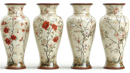 The image showcases four elegant Chinese vases decorated in the Famille Rose style, known for its vibrant enamel overglaze. Each vase features detailed hand-painted scenes of blossoming branches with colorful flowers and foliage on a pale ground. These antique ceramic pieces exemplify traditional Chinese artistry and decorative aesthetics.の素材