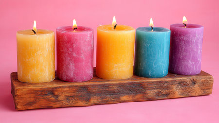 A row of five cylindrical pillar candles in yellow, pink, orange, teal, and purple are lit with small flames. They sit atop a weathered, rectangular wooden block, showing their textured surfaces. The background is a solid, bright pink color.の素材