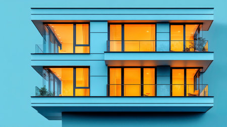 The image showcases a modern, three-story building with a clean, geometric design set against a solid teal or light blue background. Each floor features large windows emitting a warm, orange light from the interior, contrasting with the cool exterior. The building includes open balconies with transparent glass railings, adding to its sleek and contemporary aesthetic.の素材