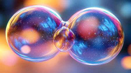 Two large, spherical soap bubbles are joined by a smaller connecting bubble, creating a mesmerizing iridescent display of swirling blues, pinks, and yellows. The thin films of the bubbles reflect and refract the surrounding light, producing a rainbow of colors and intricate patterns. The background is softly blurred with bokeh lights, enhancing the ethereal and abstract quality of the image.の素材
