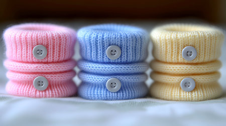 A close-up shot features three soft, ribbed knit baby leg warmers in delicate pastel shades of pink, blue, and yellow, arranged side by side. Each warmer has two small, round gray buttons attached, adding a subtle decorative element. They rest on a textured white surface, suggesting a soft blanket or fabric.の素材