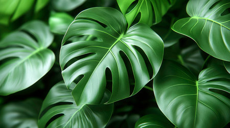 The image focuses on a cluster of lush, glossy green Monstera deliciosa leaves, showing their distinctive split and perforated patterns. The varying sizes and overlapping arrangement of the leaves create a dense and textured tropical foliage. The lighting highlights the intricate venation and the glossy surface of the leaves.の素材