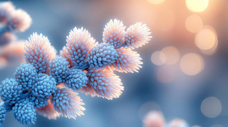 The image showcases a close-up of a plant stem adorned with intricate ice crystals, giving it a delicate and frosty appearance. The crystals exhibit a subtle gradient of blue and pink hues, possibly reflecting the soft, warm bokeh lights in the blurred background. The overall effect is ethereal, wintery, and beautifully detailed.の素材