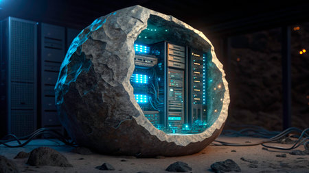 A futuristic data center is presented inside a rock-shaped casing, glowing with blue lights. The setting is dark, enhancing the impact of the vibrant technology within.の素材