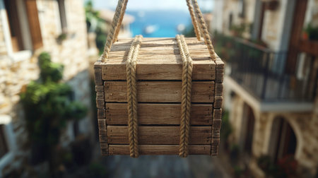 The image shows a rustic wooden box or crate being lifted or lowered by thick, twisted ropes. The blurred background reveals a narrow street lined with old stone buildings and a glimpse of the blue sea with boats. The scene suggests delivery, transportation, or perhaps a historical setting.の素材