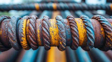 A macro shot focuses on several parallel reinforcing steel bars (rebar) showing significant rust and patches of faded yellow paint. The textured surface of the rebar, with its raised patterns, is clearly visible. The shallow depth of field emphasizes the central bars while blurring the background.の素材