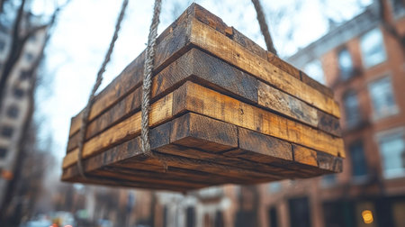 The image shows a bundle of raw, unfinished wooden planks tightly bound and hanging from sturdy, twisted ropes. The blurred background city buildings and trees, suggesting construction or delivery within an urban environment. The focus is on the texture and weight of the lumber.の素材