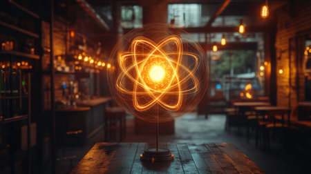 A stylized atom model with a bright golden nucleus and elliptical orbits of light stands on a dark, rustic wooden table. The atom appears to be emitting a warm glow, illuminating the surrounding area. The background is softly blurred, showing a dimly lit room with warm-toned lights and indistinct furniture, creating an atmospheric and slightly mysterious ambiance.の素材