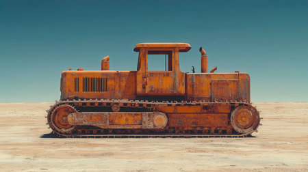 A rusty, orange bulldozer with caterpillar tracks is centrally positioned against a clear, pale blue sky and a flat, sandy ground. The heavy machinery shows signs of age and use, suggesting it's idle or abandoned in a desolate environment. The simplicity of the scene emphasizes the starkness of the landscape.の素材