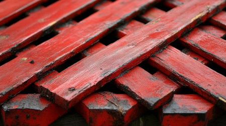 A detailed, close-up shot reveals an overlapping pattern of wooden lattice painted a vibrant, yet worn, red. The texture of the wood grain and the slightly chipped and aged paint are clearly visible. The intersecting slats create a network of diagonal lines and openings, highlighting the material's construction and history.の素材
