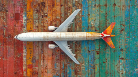 A white, twin-propeller airplane is captured from directly above, positioned on a surface composed of large, irregularly shaped metal plates painted in various faded colors including red, orange, blue, and green. The airplane casts a subtle shadow on the textured metal, highlighting its form. This unique perspective emphasizes the contrast between the aircraft and the aged, industrial backdrop.の素材