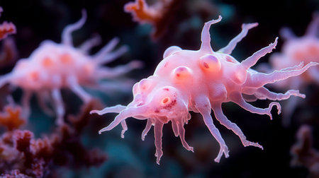 A close-up underwater photograph captures a delicate, translucent pink nudibranch with intricate, branching cerata along its back, slowly moving across a dark, textured coral surface. The nudibranch's soft body and the coral's rough texture create a visual contrast. Other blurred marine organisms are visible in the background, suggesting a vibrant reef ecosystem.の素材