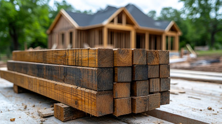 A pile of rectangular, brown wooden beams or lumber sits in the foreground, showing their textured ends and sides. In the blurred background, the partially constructed wooden frame of a house stands against a backdrop of green trees and a cloudy sky. This scene represents the early stages of residential building and construction materials.の素材