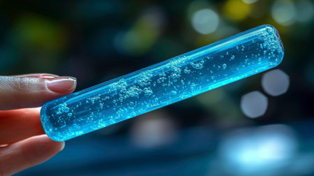A close-up shot shows a hand gently holding a clear glass test tube filled with a vibrant blue liquid containing numerous small bubbles. The liquid appears to be glowing or luminescent, creating a striking visual effect against a blurred, dark blue and bokeh background. This image suggests scientific research, experimentation, or a magical, otherworldly substance.の素材
