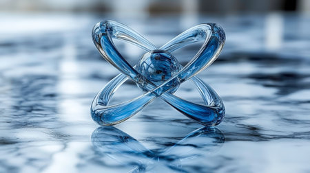 A beautifully crafted glass model of an atom sits on a reflective white and gray marble surface. The central nucleus is represented by a detailed sphere, while swirling, ribbon-like structures depicting the electron orbits. The transparent blue glass catches the light, creating intricate reflections and refractions on the polished stone.の素材