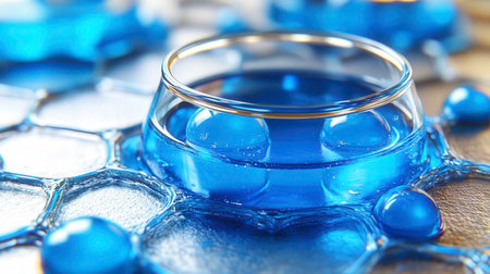 A clear, stemmed glass filled with a bright blue liquid sits prominently in the center, casting a vivid reflection on the patterned surface below. The surrounding area features abstract, interconnected geometric shapes and scattered blue spheres, all rendered with a glossy, almost liquid-like texture. This creates a visually striking and potentially conceptual image.の素材